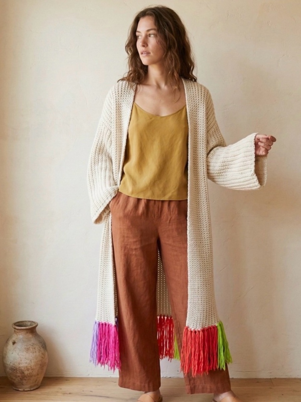 Anthropologie - Long Cream Knit Cardigan with Rainbow Fringe- OS